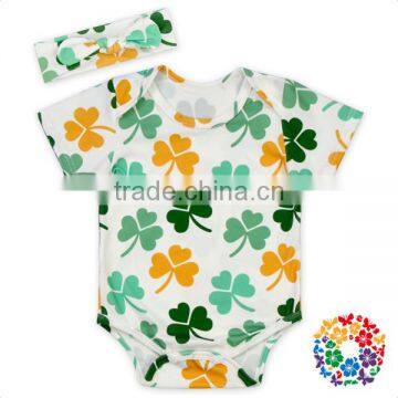 2017 New Pattern Clover Prints St. Patricks Day Rompers Baby Girls Boutique Short Sleeve Summer Toddler Rompers Clothing