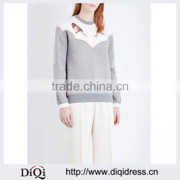Ladies Long Sleeves Round Neck Contrasting Elasticated Cuff Bird Embroidered Cotton Jersey Sweatshirt(DQE0190T)