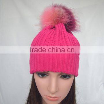 Myfur Rose Color Girls Winter Wool Hat With Removable Raccoon Fur Pom Pom photo-2