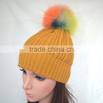 Myfur OEM Latest Women Ginger Ribbed Knitting Beanie Cap with Removable Pompom