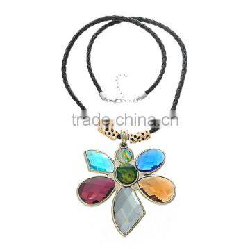 Fashion Jewelry Necklace Multicolor Flower Pendants Black Leatheroid Rope 63.5cm long