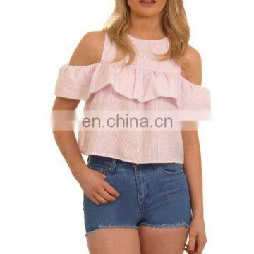 2017 Summer Style Pink Cold Shoulder Frill Top