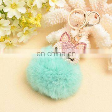 Diamond Animal With 8cm Real Rabbit Fur Pompom Keyring Key Chain photo-2