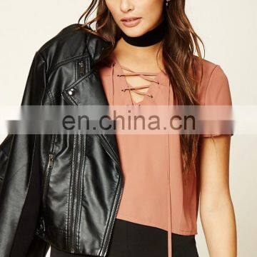 Attractive design boxy short seeve lace-up front top for women CH156