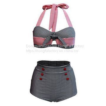 High waist plaid two piece swimwear halter plus size sexy bikini for women