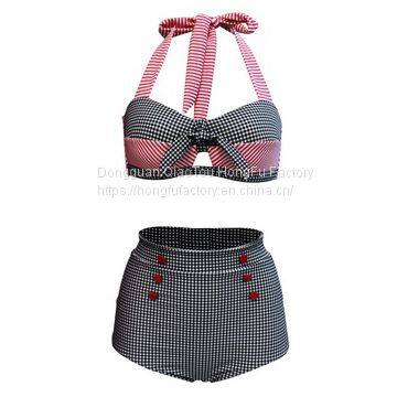 High Waist Plaid Two Piece Swimwear Halter Plus Size Sexy Bikini for Women