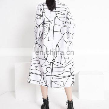 TWOTWINSTYLE Dress For Women Lapel Collar Long Sleeve Oversize Casual Midi Hit Color Graffiti photo-5
