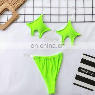 Sexy Brazilian Bikini Pentagram Shaped Transparent Stretch Band Micro Mini Thong Neon Green Swimsuit Bathing Suit Two Piece photo-7