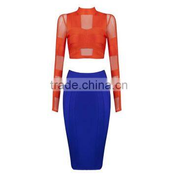 2016 new summer orande and blue two pieces set mesh long sleeve knee-length sey party night club Bandage Dress wholesale