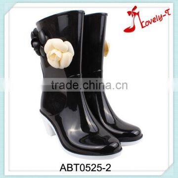 Factory selling woman high heel half rain boots with camellia decoration