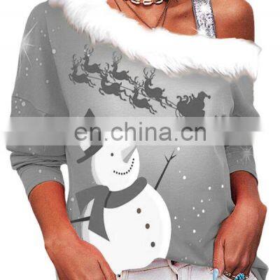 Factory Wholesale Women's One-shoulder Sexy Sweater T-shirt Loose Casual Sports Christmas Top Crop Ladies Jacket photo-3