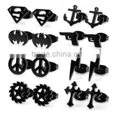 Lot of 8 Assorted Black Plated Stainless Steel Unisex Body Jewelry Gift Set Stud Earrings, 21 Gauge