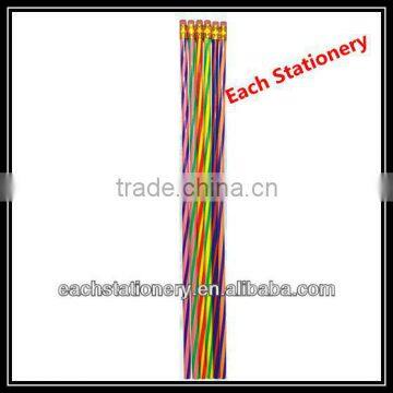 7" Fancy And Promotional Pencil Plastic Flexible HB Lead Stripe Colored Pencil With Rubber Top