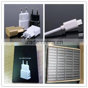 OEM black white gold logo printing us eu 1.5a dual usb home charger with micro cable and paper box