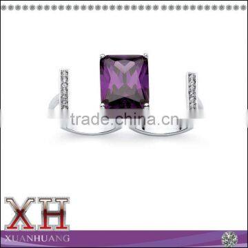 Silvertone Emerald-cut Amethyst Cubic Zirconia and Crystal Double Ring