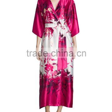 Wholesale Cheap Sexy New Style Bright Red Floral Women Long 100% Polyester Satin Sleep Robes