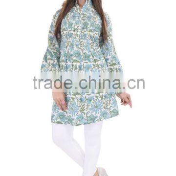 Hand Block Printed Women Kurtis Designer Tunic Top Girls Fashionable Blouse Ladies Pint ex Kurti