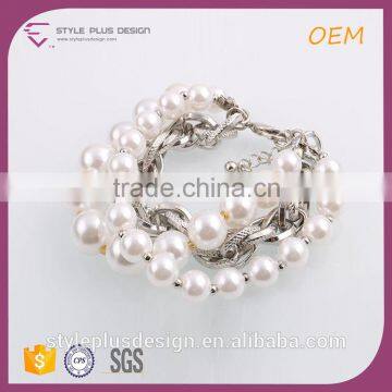 G66596K02 Alloy Fitness Custome Fashion Rope Three Layered White Glass Pearl Beads Screw Artistic Bracelet Bangles