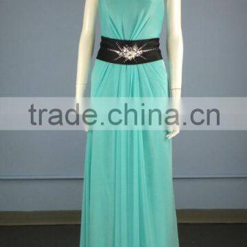 Halter & Backless Turquoise Satin Sheath Evening Dress with Sequin & Stone Neckline and Sweep Train ES0021