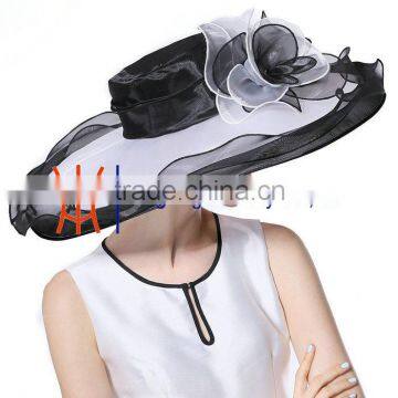 Womens Wide Brim Organza Summer Drss Hat Black And White Wholesale