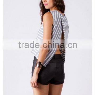 2016 Women Clothing, Designer Clothing Manufacturers in China, Private Label Women Knitted Sleeveless Stripe Top With Split Back photo-4