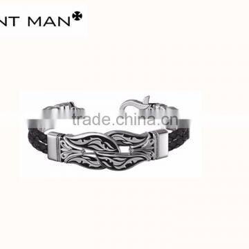 Coolman latest Leather mens bracelet stainless steel with leather mens bangle new style bracelet for man