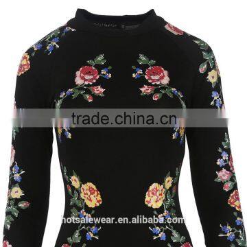 2016 Autumn New Arrival 3D Floral Print Stand Collar Bodycon Dresses Black Long Sleeve Midi Dresses OXL141117 photo-5