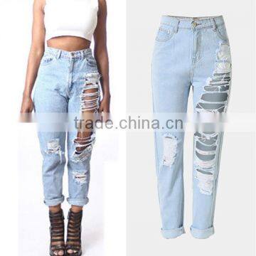 Wholesale 2016 Summer Fashion Women Pockets High Waist Denim Jean Ladies Long Sexy Vogue Ripped Damaged Pant Jeans