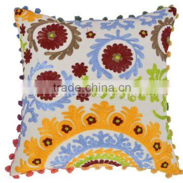 Suzani Embroidered Cushion Cover Indian Pom Pom Lace Pillows Boho Ethnic Vintage Shams Throw