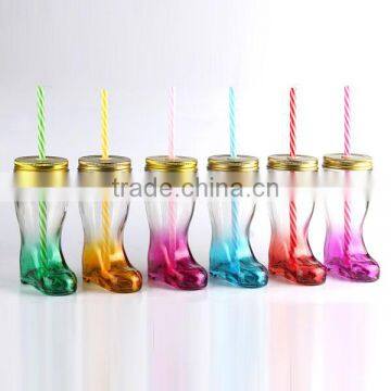 Colorful hot selling boots shape glass jar,juice jar