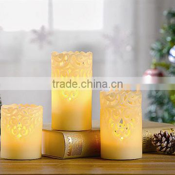 S/3 Spring Decorative LED Flameless Pillar Wax Candles Flower Carved Candles