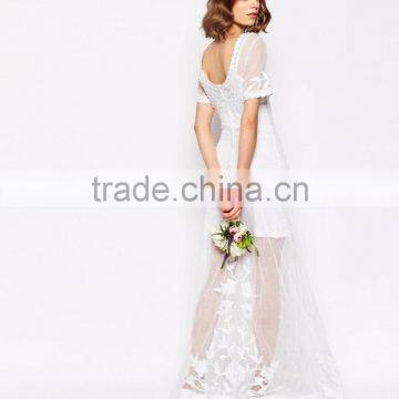 MGOO Sweetheart Bridal Delicate Lace And Pearl Maxi Dress With Short Sleeves Embroidered Dress photo-2