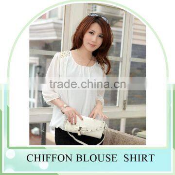 2016 Wholesale Cheap Price Women Chiffon Shirts Outfit Rivet Cute Doll Long Sleeves Design Women Chiffon Casual Top Blouse photo-2