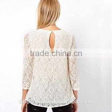 Elegant White Basic Woman Blouse Fashion Sheer Crochet Lace Blouse 2015