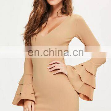 Nude Plunge Frill Sleeve Bodycon Dress in Mini Length 2017