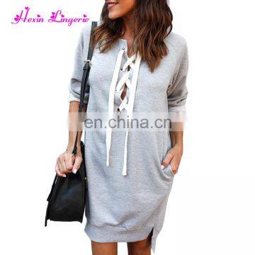High Quality Gray Hollow v Neck Long Sleeves European Long Sleeve Casual Autumn Dress photo-3