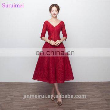 Wine Red Bridesmaid Dresses With Half Sleeves V Neck Corset Lace Up Tea Length Brides Maid Dress Vestidos De photo-2
