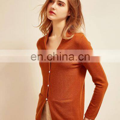Women Solid Color V Neck Cashmere Cardiagn Sweater With Button photo-3