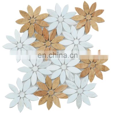 China color flower design leaf shape marble mosaic tile with brass inlay