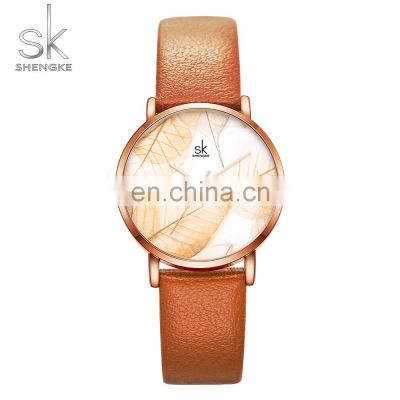 SHENGKE Artistic Lady Wristwatch Characteristic Leaf Vein Pattern Dial Leather Strap Hand Watch K0108L