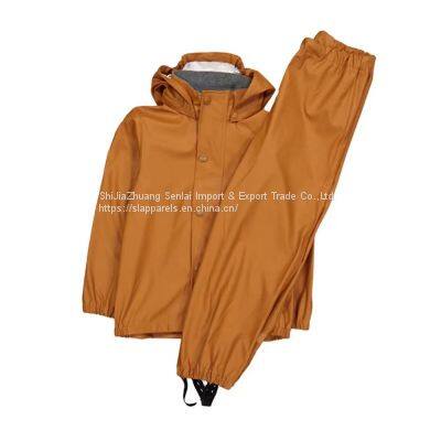 Custom Wholesale Outdoor Waterproof Jacket Bib Overall Yellow PU Raincoat Rain Suit for Kids & Toddler photo-2