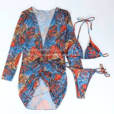 3 Pieces Ladies Women Printed Sexy Swimsuit Bikini Swimwear With Cover-Up photo-3