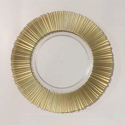 Reusable 13 Inch Clear and Gold Rim Ribbed Under Plate for Party Wedding Decoration Decorative Plastic Charger Dinner Plates