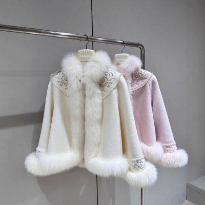 Nuevo estilo de abrigo de piel de zorro de invierno, abrigo doble de lana, bordado en estilo chino para abrigos de lana de mujeres