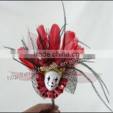 carnival headdress small colwn face mask balck ostrich and red chicken feather headdress