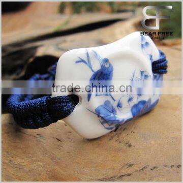 Blue Bird printed Ceramic Wristband Bracelet with Braided Rope