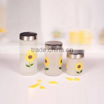 3pcs glass canister set with hand painted sunflower and frosted