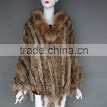 High Quality Wholesale Europe Style Winter kintted raccoon Fur cape with hood/tassels