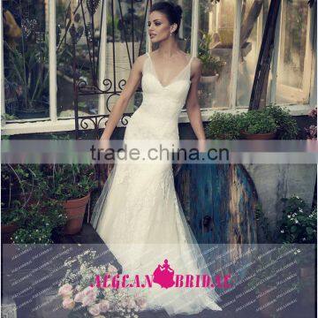 GS30 Sexy V Neck Backless Mermaid Wedding Dress Sleeveless Lace Floor Length Vestido De Noiva Sereia 2015