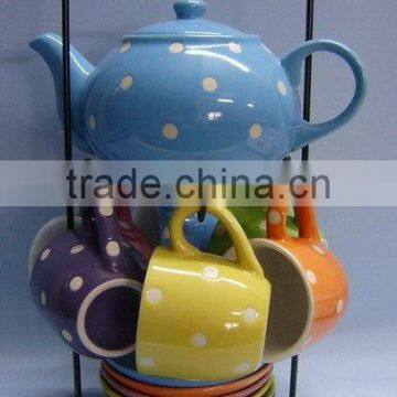 15pcs tea set with stand white dot design